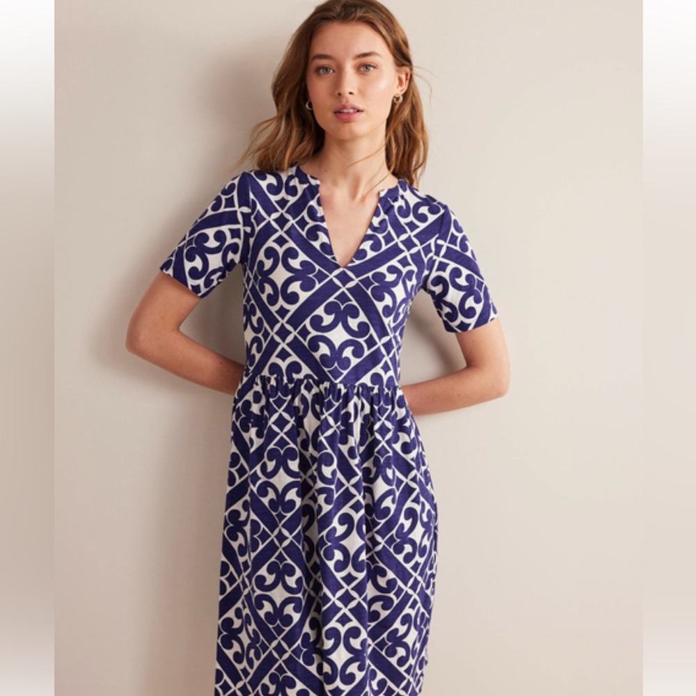 Boden Navy White Geometric Cotton Dress Size 10R